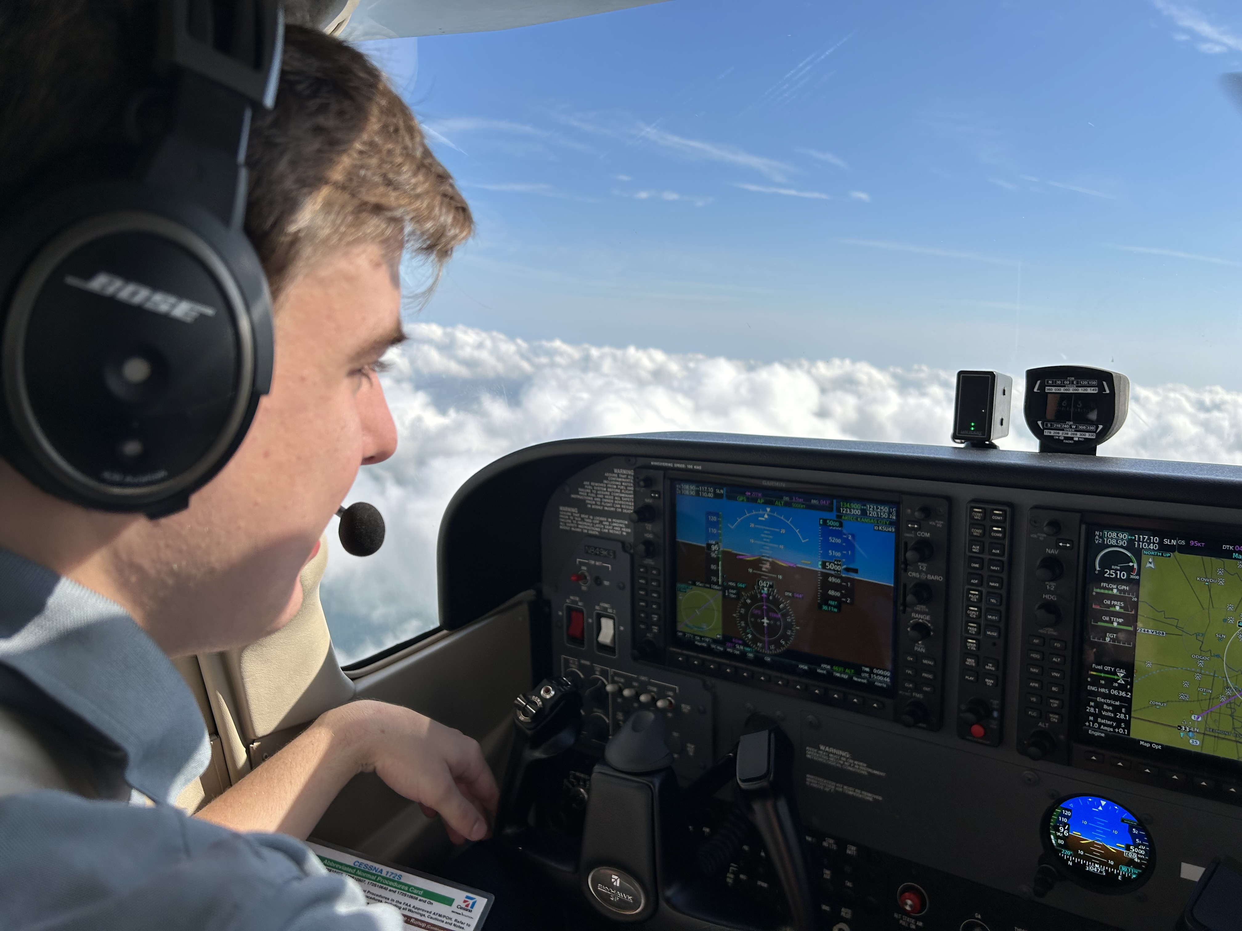 Pilot conducting instrument flight training using modern avionics cockpit displays